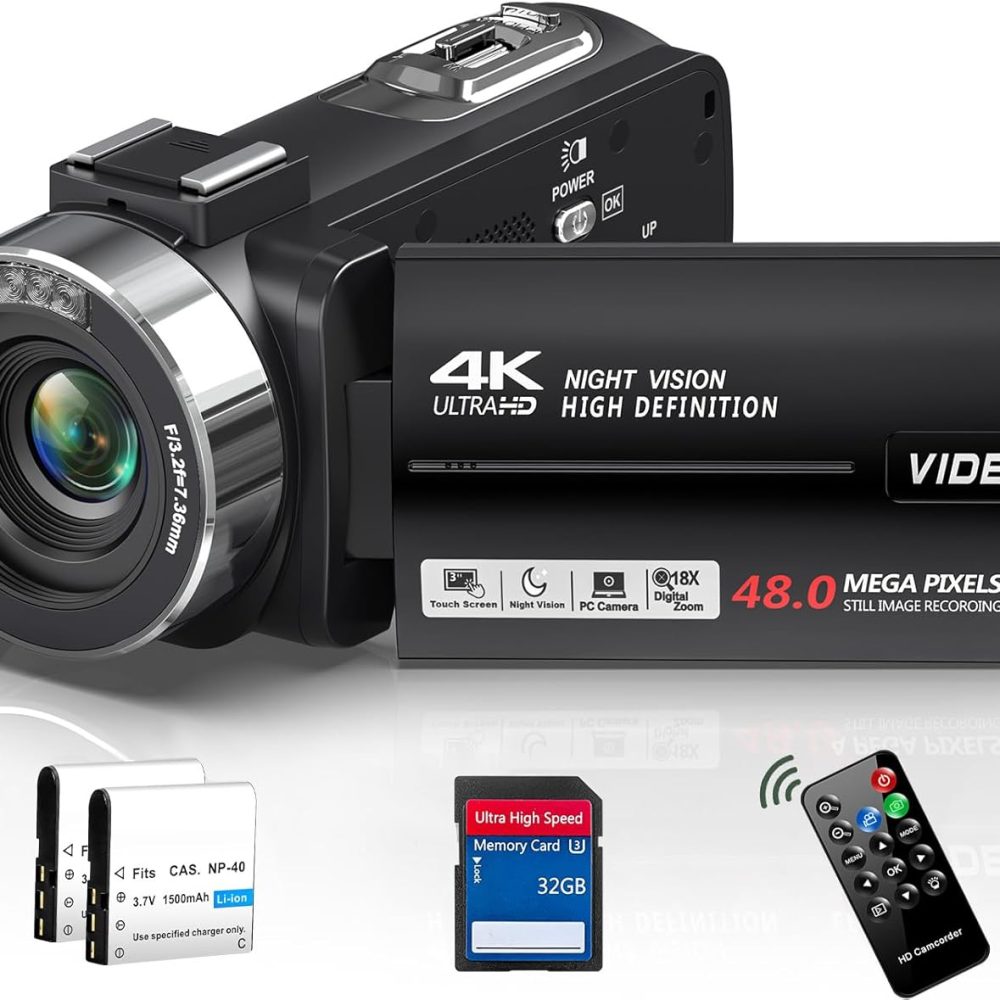 4K Video Camera Camcorder Ultra 48MP Vlogging Camera for YouTube 18X Digital Zoom Camcorder Recorder 3.0" LCD Touch Screen IR Night Vision with Controller, 32GB SD Card and 2 Batteries