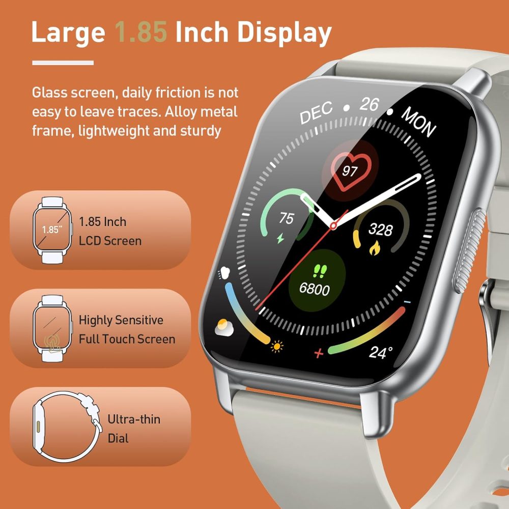 Smart Watch for Men Women, 1.85" HD Screen Smartwatch (Answer/Make Call) with Heart Rate Sleep Monitor Pedometer, 110+ Sports Mode Fitness Watch, IP68 Waterproof Fitness Tracker for Android iOS, White - Image 3