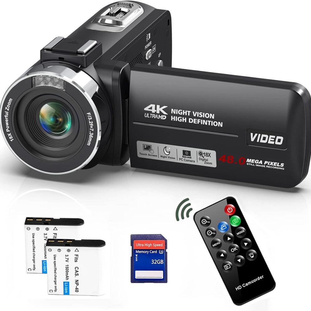 Video Camera Camcorder 4K 48MP 30FPS with IR Night Vision,18X Digital Zoom Camera Recorder 3.0" LCD Touch Screen Vlogging Camera for YouTube with Controller, 32GB SD Card, 2 Batteries