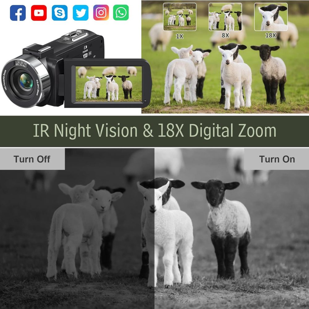 Video Camera Camcorder 4K 48MP 30FPS with IR Night Vision,18X Digital Zoom Camera Recorder 3.0" LCD Touch Screen Vlogging Camera for YouTube with Controller, 32GB SD Card, 2 Batteries - Image 3